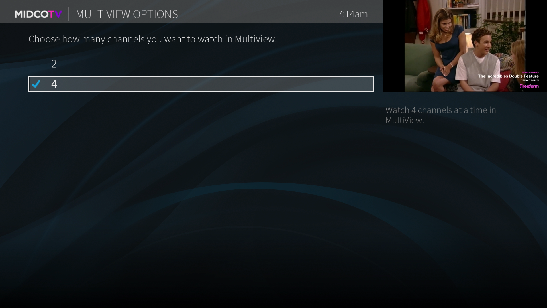 MultiView settings screen showing options to choose between a two‑screen or four‑screen layout. 